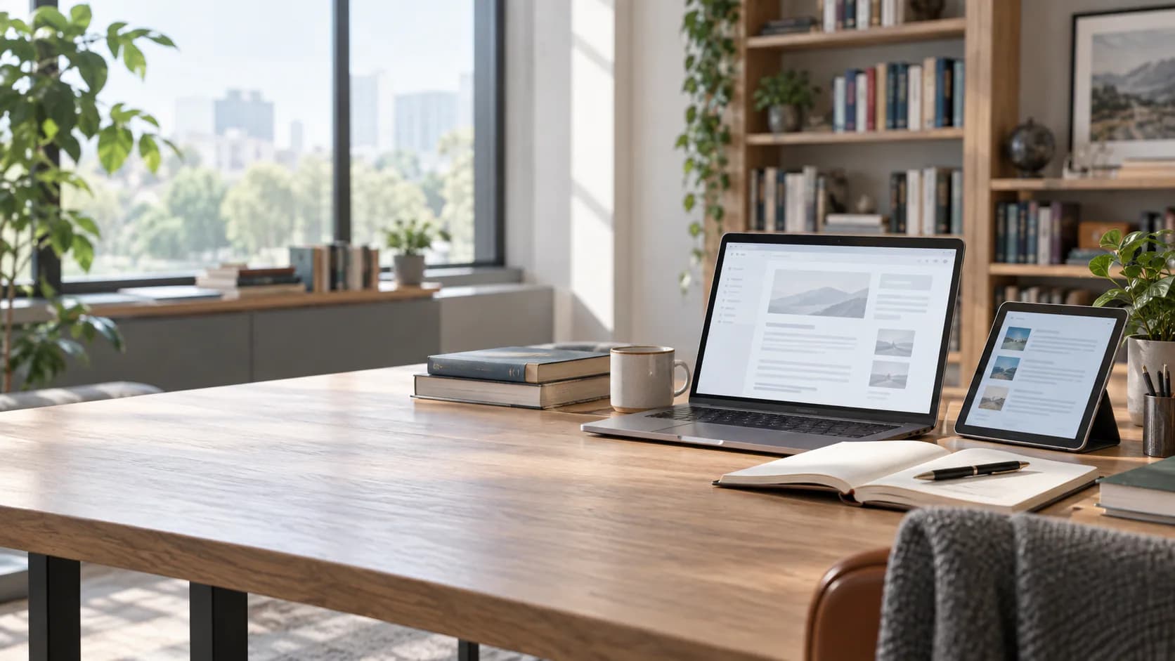 A laptop, tablet and reference books in a bright workspace