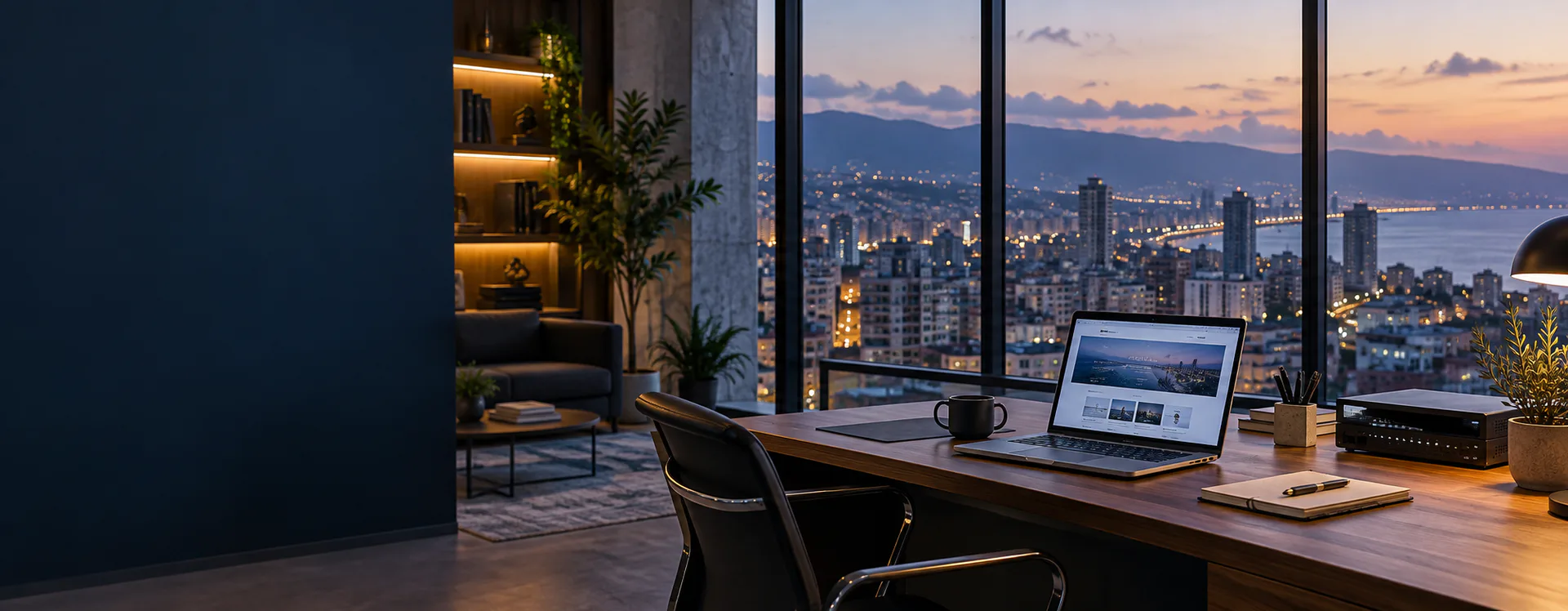 A contemporary technology workspace overlooking a Australian city at dusk