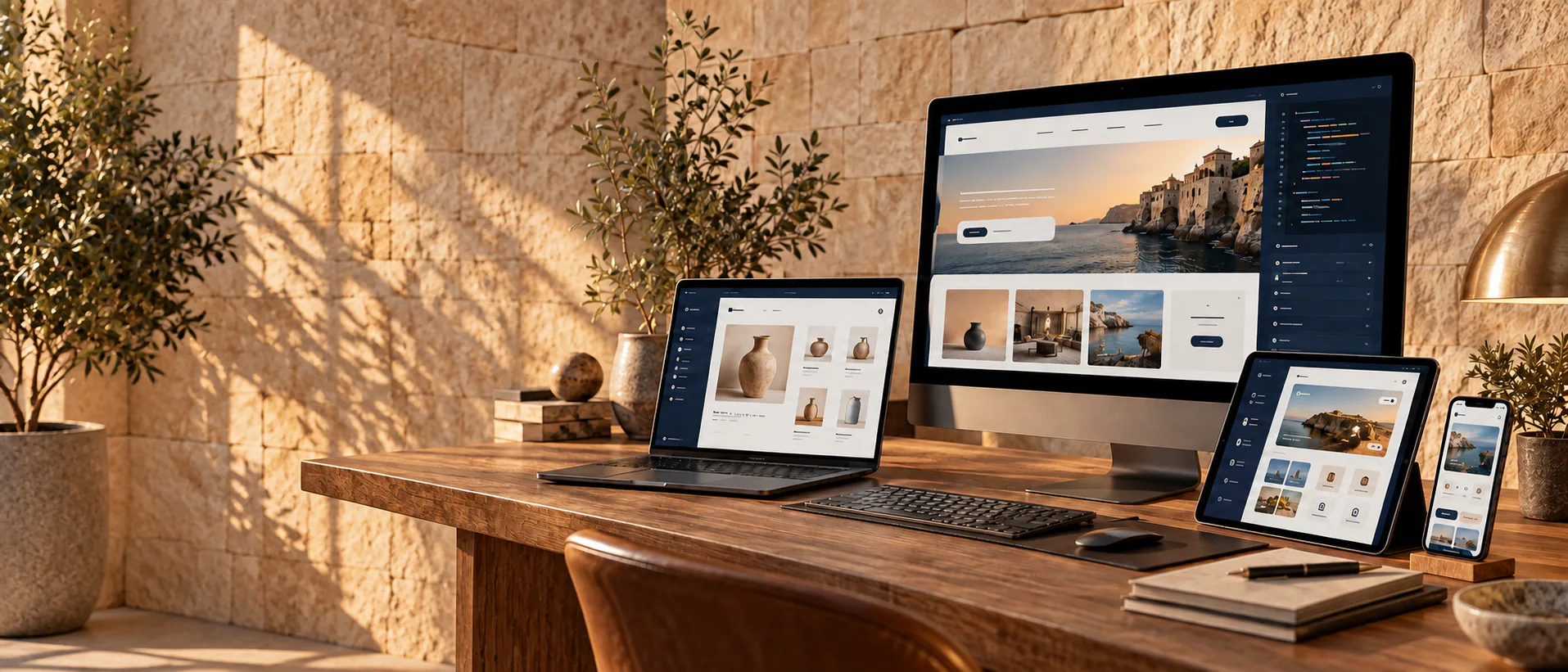 Responsive website and mobile application interfaces displayed across studio devices