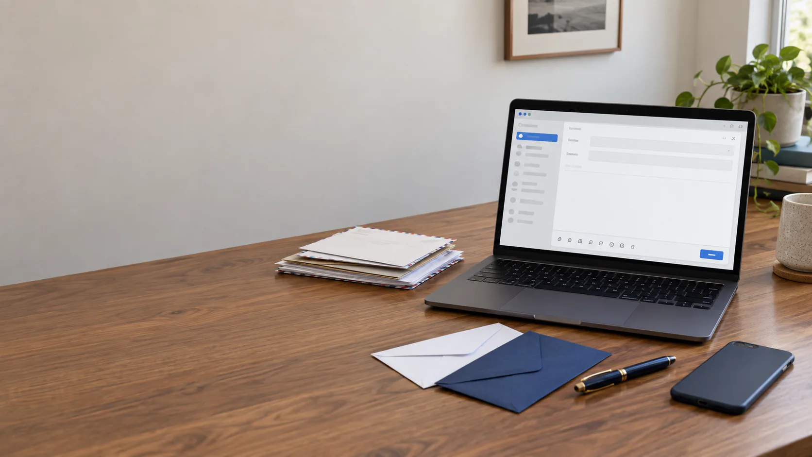 Laptop prepared for business email beside letters and envelopes