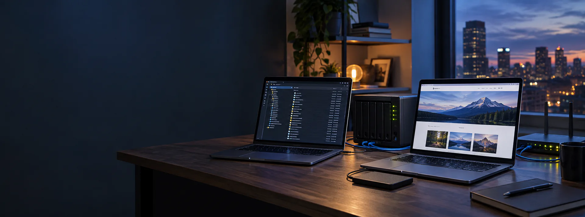 Two computers and network storage prepared for a careful website transfer