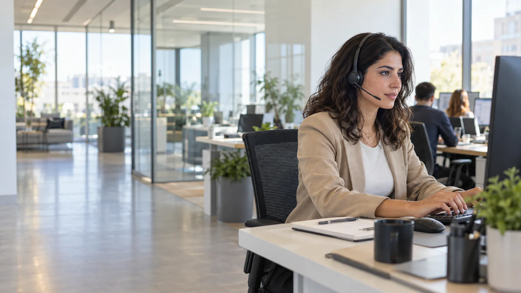 A technical support specialist working in a bright professional office